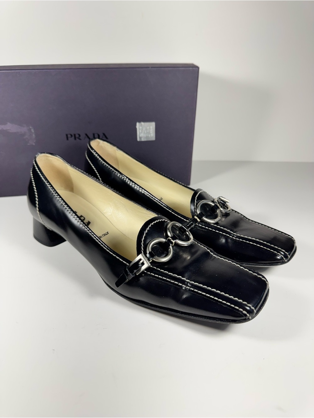 Prada Vintage 1990s Black Patent Leather Block Heel Pumps Loafers Women’s 38.5